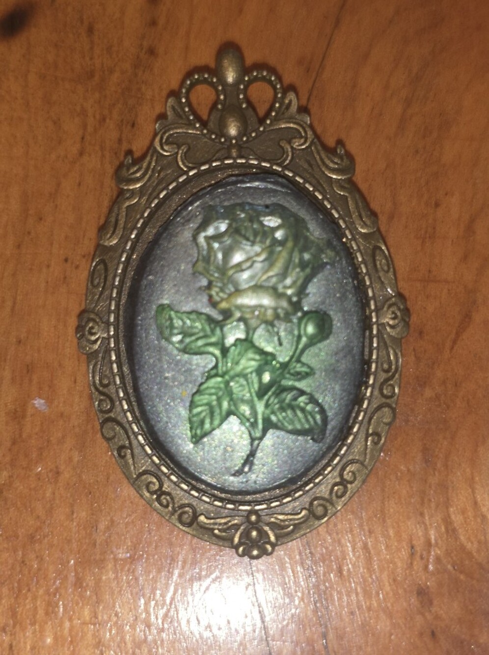Resin Yellow Rose Brooch In Bronze Frame With Green And Silverish Undertones